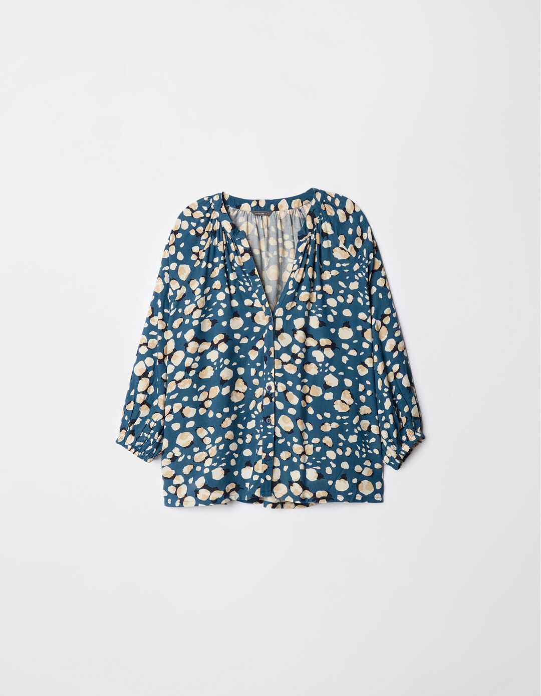Blusa Estampada Decote em V, Mulher, Azul