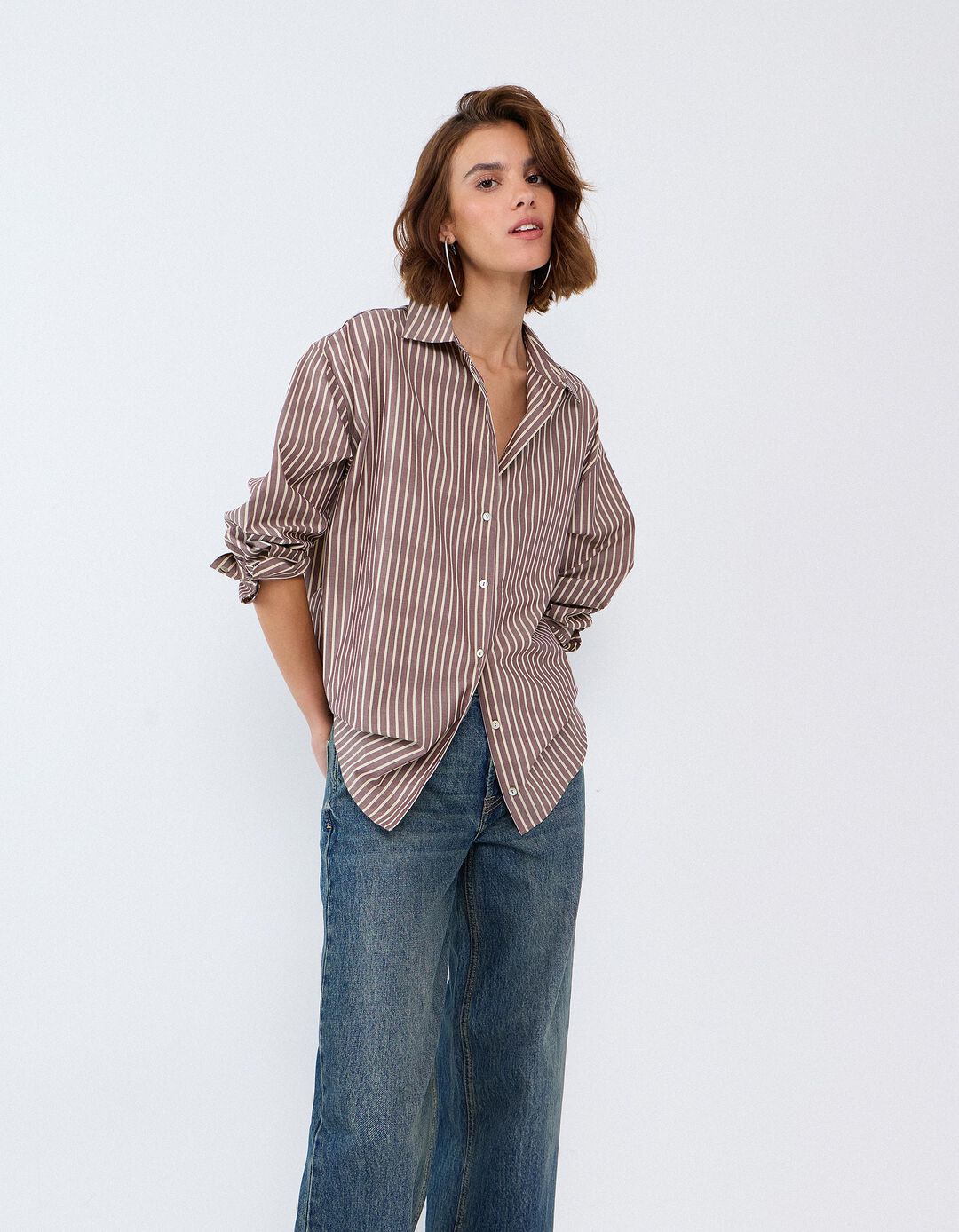 Camisa Oversize Em Popelina, Mulher, Castanho