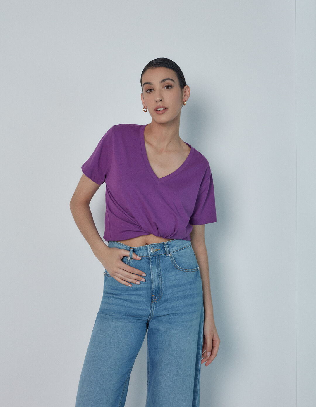 V Neckline T-shirt, Women, Purple