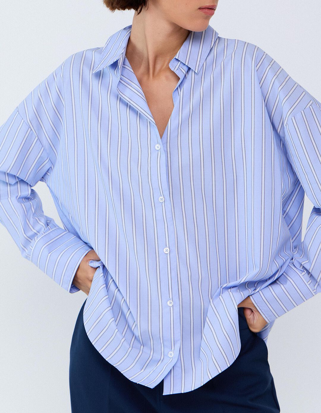 Camisa Oversize &Agrave;s Riscas, Mulher, Azul