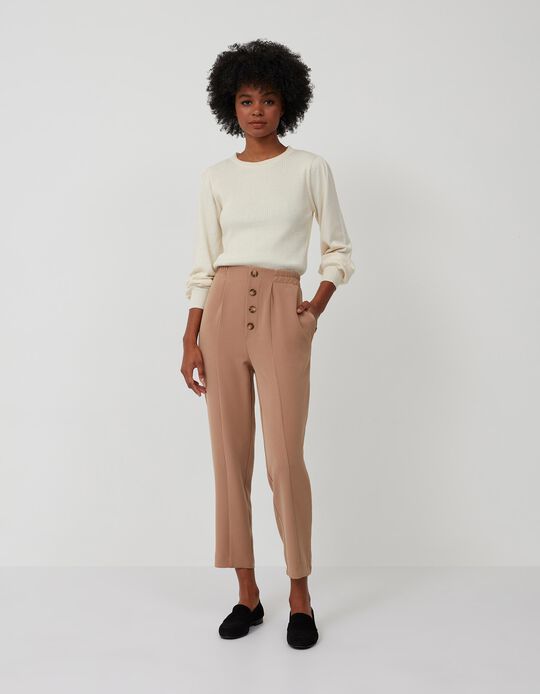 Trousers with Elasticated Waist, Beige