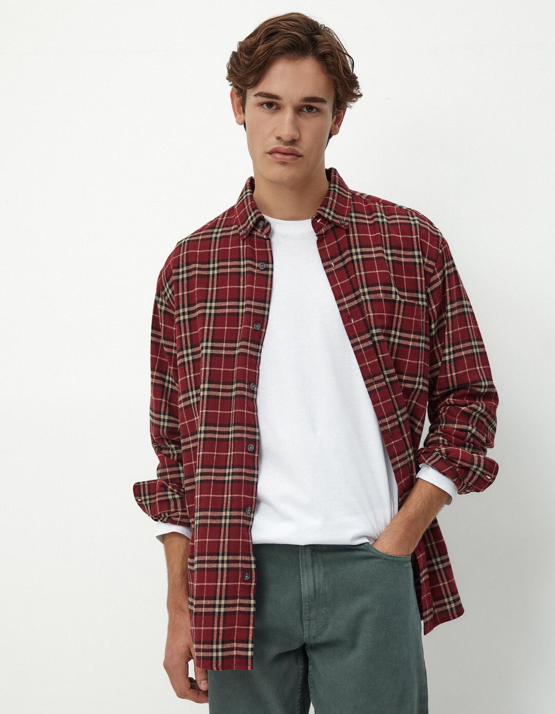 Camisa de Manga Comprida Xadrez Flanela, Homem, Vermelho Escuro
