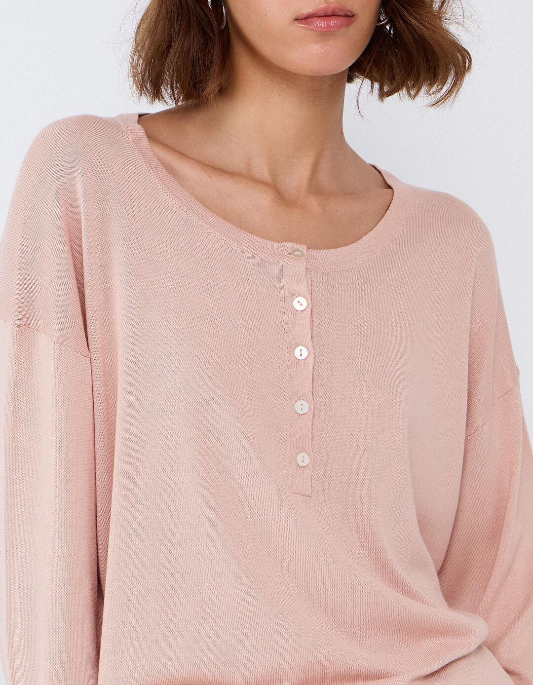 Camisola Decote Henley, Mulher, Rosa Claro