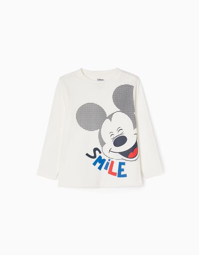 Long Sleeve T-shirt in Cotton for Baby Boys 'Happy Mickey', White