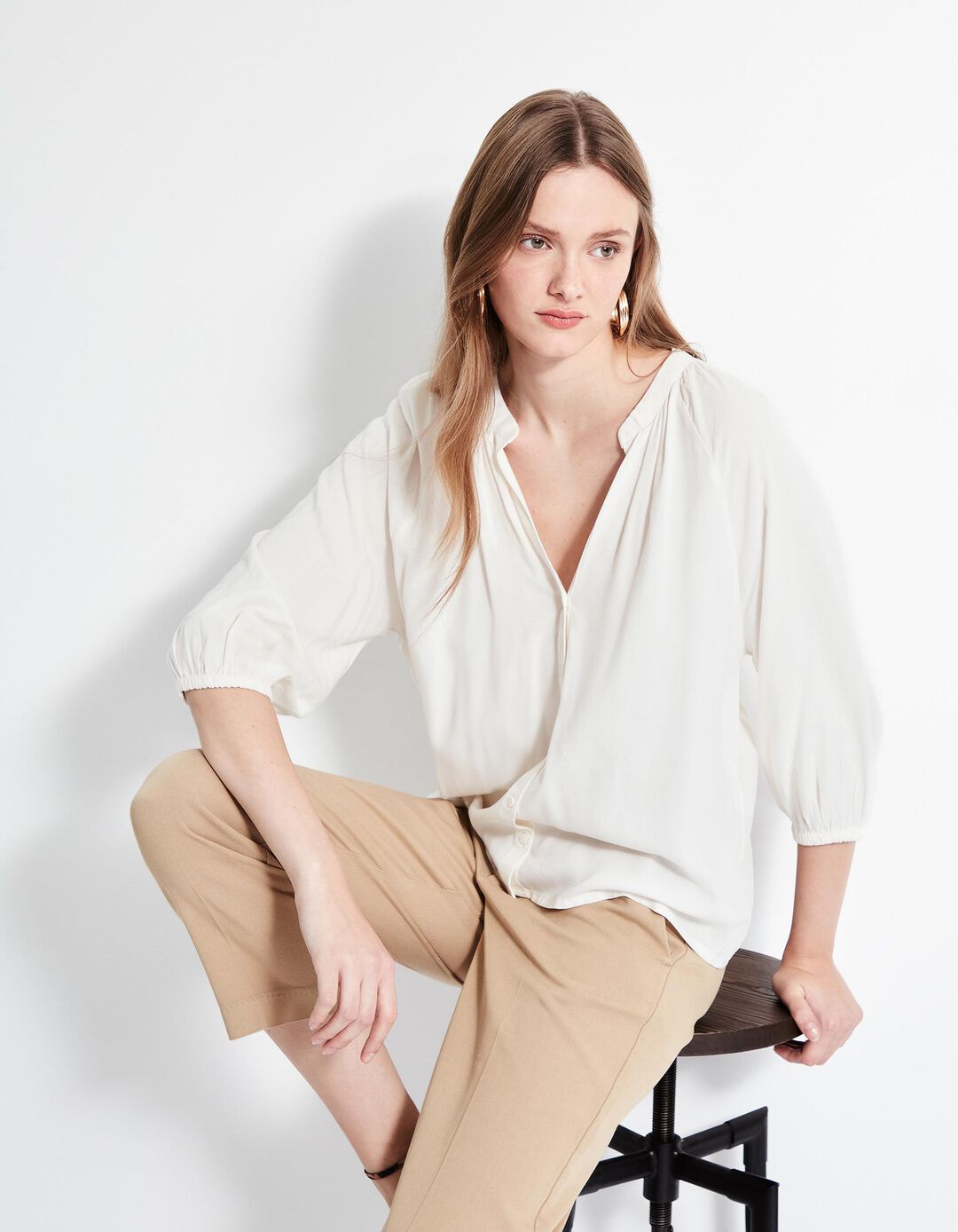 Blusa Decote em V, Mulher, Bege Claro 