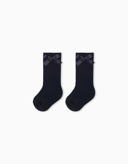 Comprar Online Pack 2 Pairs of High Ribbed Bow Socks, Baby Girl, Dark Blue