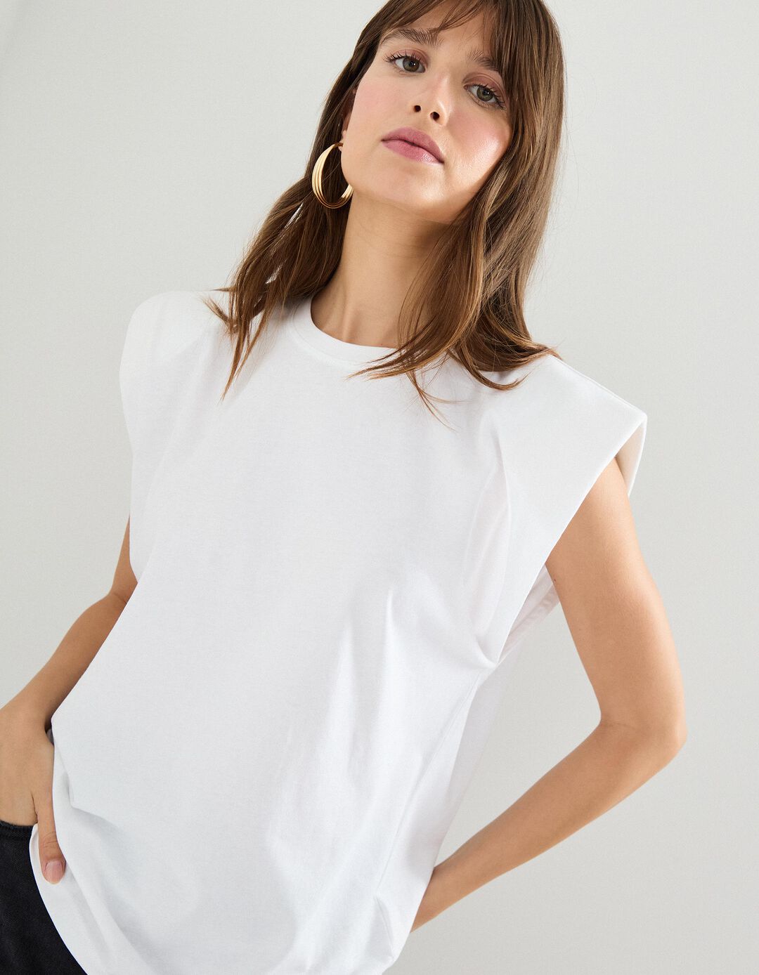 T-shirt com Ombreiras, Mulher, Branco