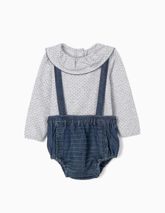 Bodysuit + Shorts with Straps for Newborn Baby Girls, Grey/Blue