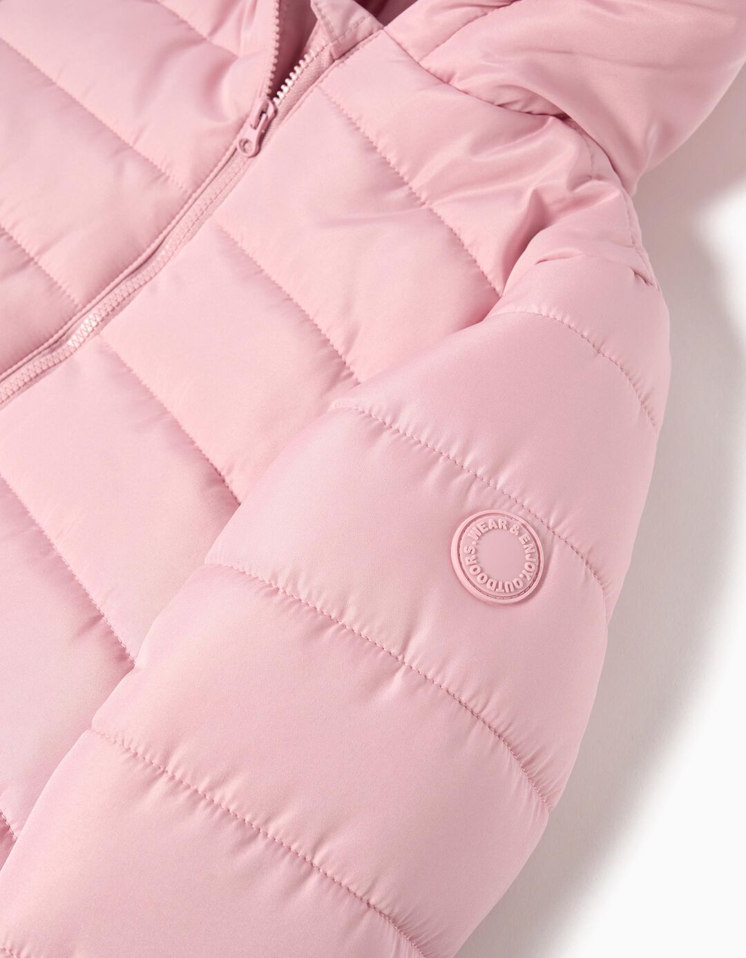 Casaco Acolchoado Capuz, Menina, Rosa Claro