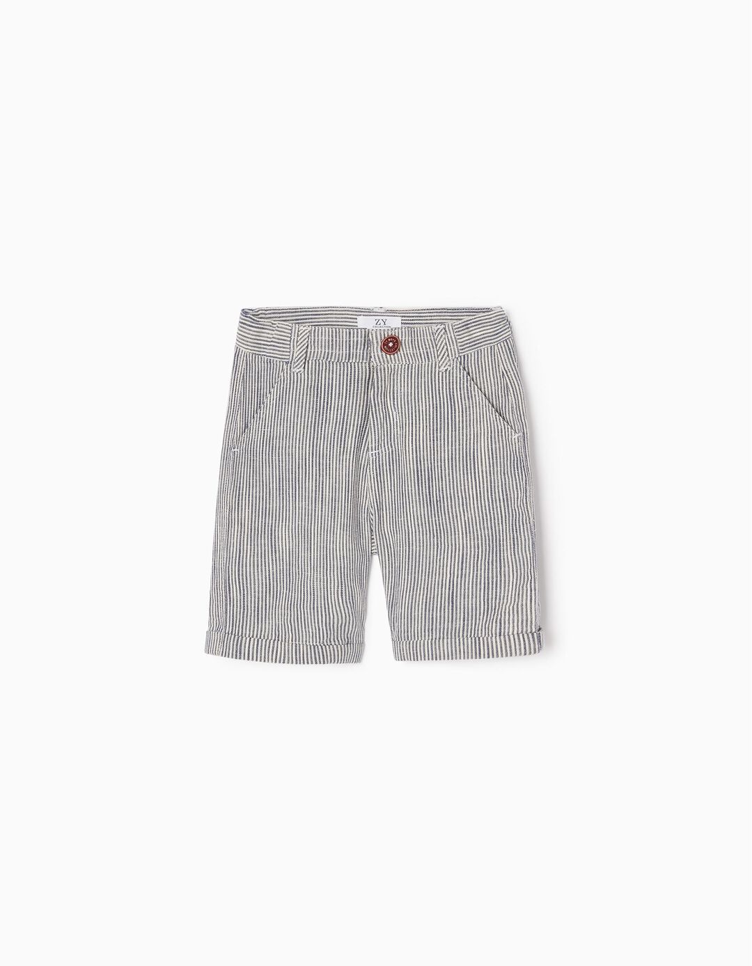 Striped Cotton and Linen Shorts for Boys, White/Blue