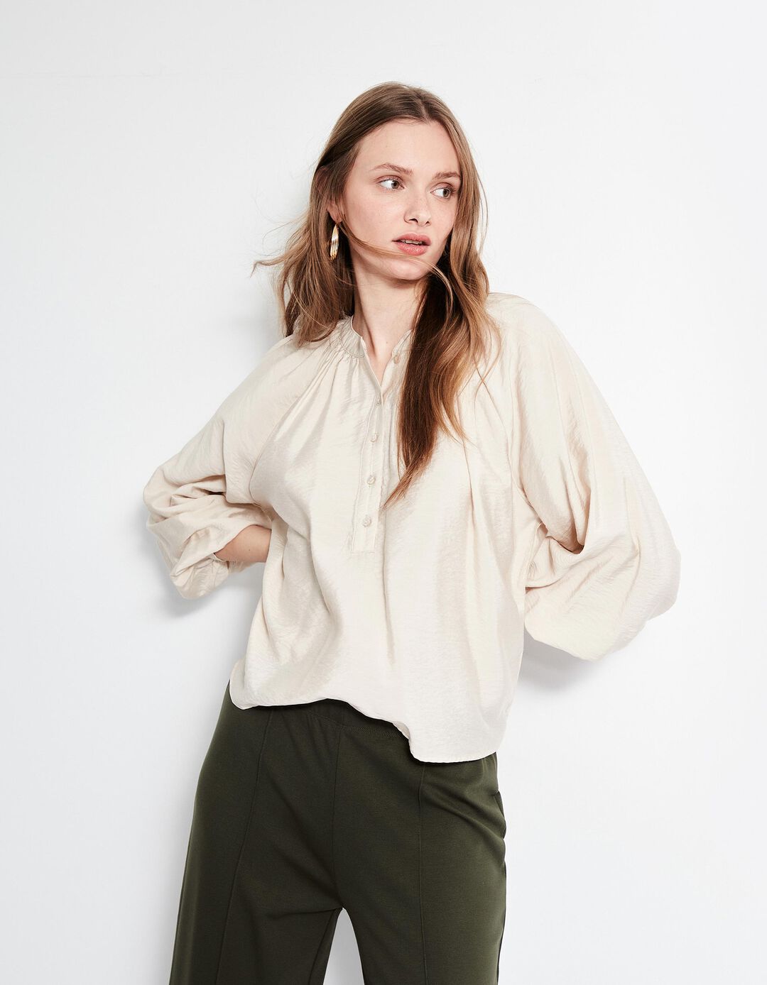 Blusa de Manga Comprida Botões, Mulher, Bege Claro