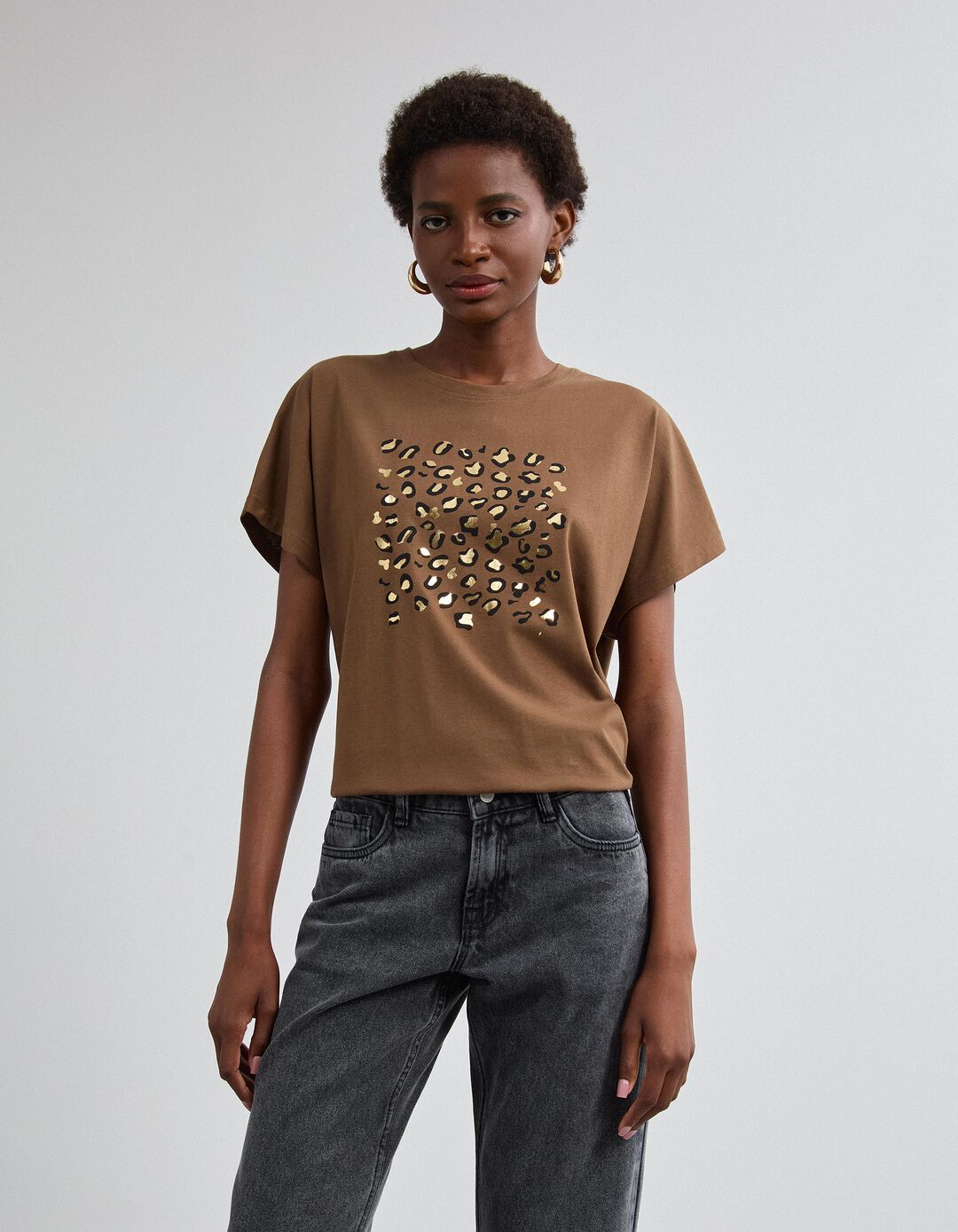 T-shirt Com Estampado Foil, Mulher, Castanho Escuro