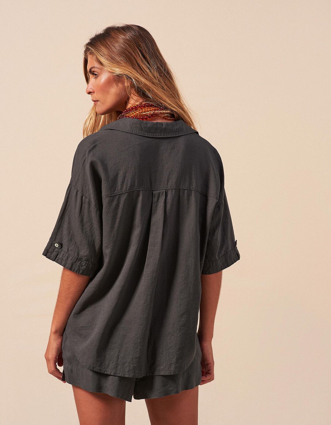 Camisa com Linho, Mulher, Cinzento Escuro