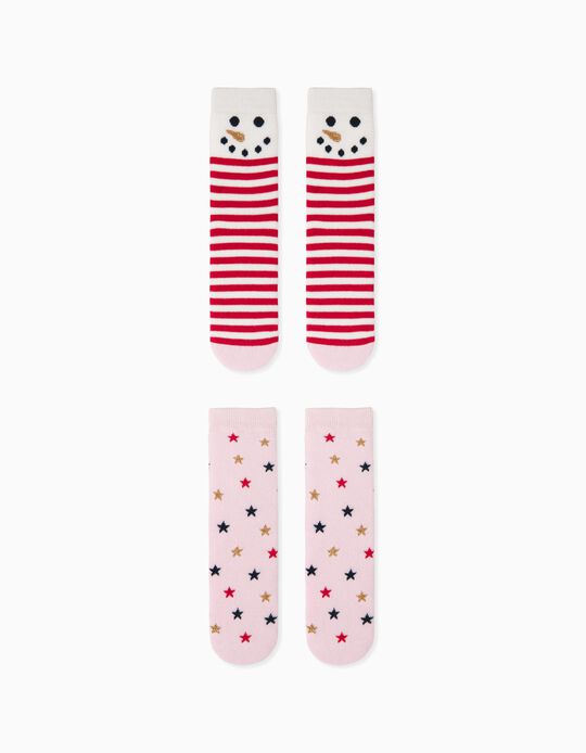 2 Pairs of Non-Slip Socks for Girls 'Snow Man', White/Pink