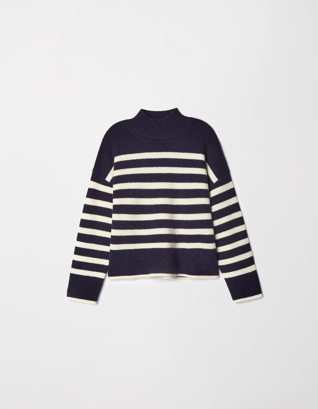 Camisola de Malha Riscas Gola Subida, Mulher, Azul Escuro
