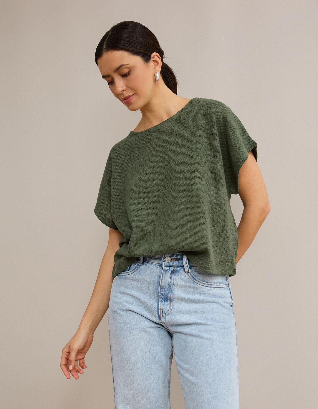 T-shirt Em Malha R&uacute;stica, Mulher, Verde Escuro