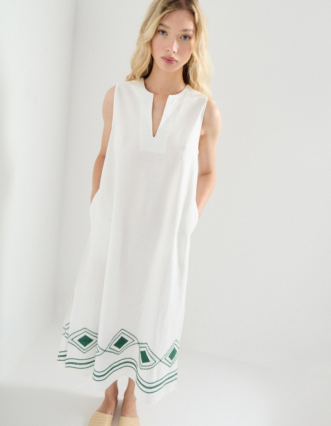 Vestido com Linho, Mulher, Bege Claro 