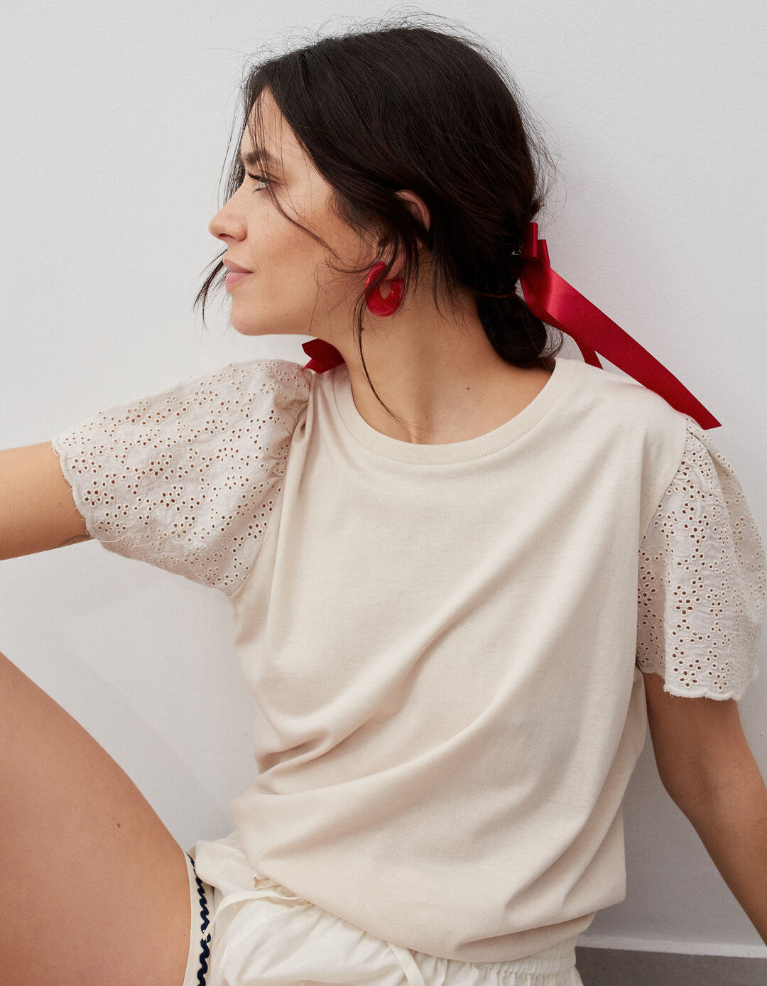 Embroidered T-shirt, Woman, Light Beige