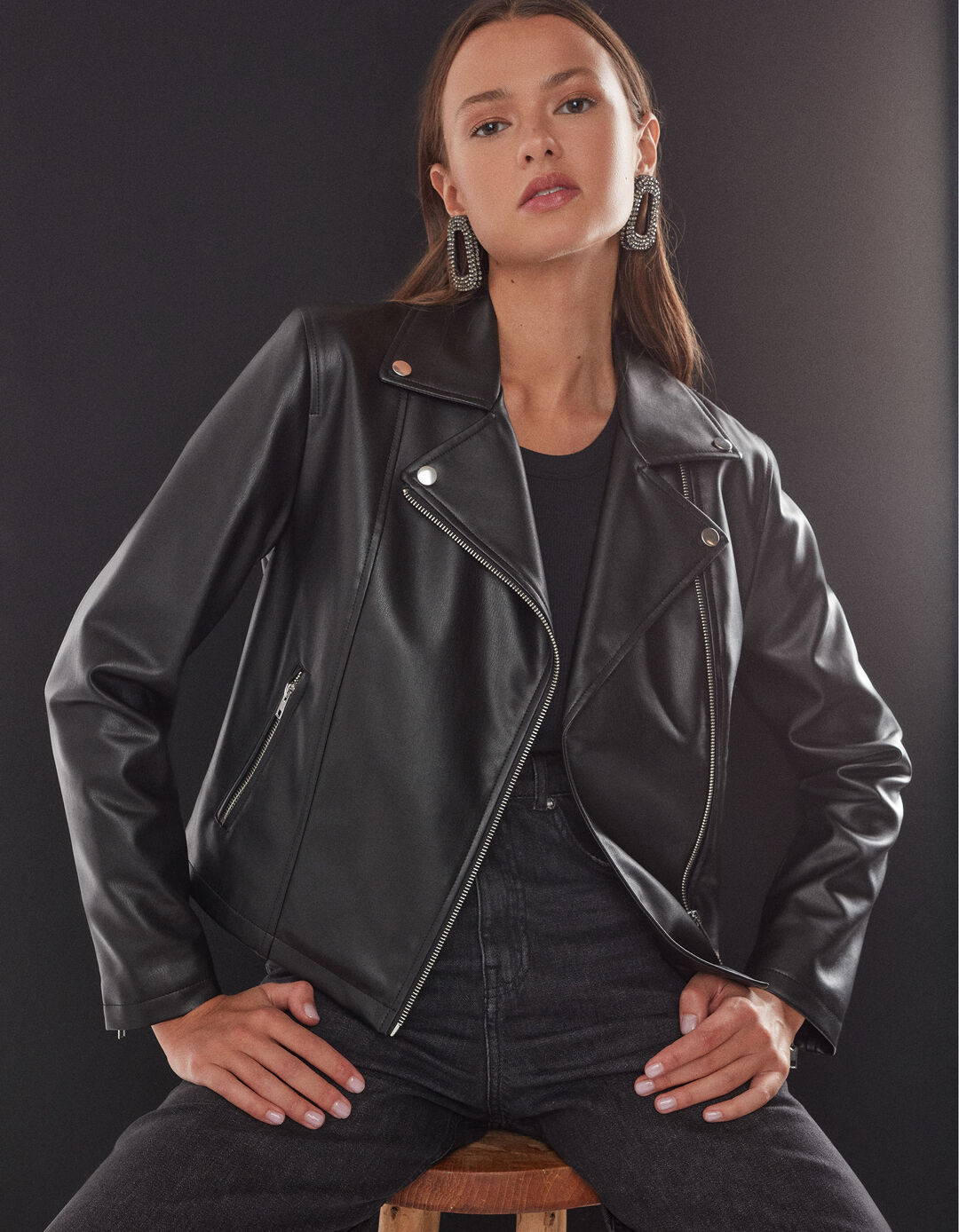 Faux Leather Biker Jacket, Women, Black