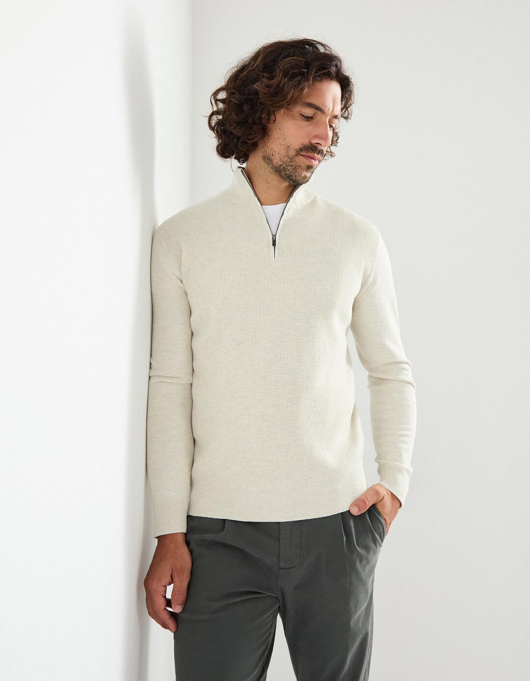 Sweatshirt com Fecho, Homem, Bege 