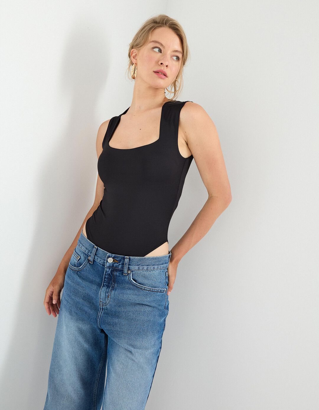 Body com Decote Quadrado, Mulher, Preto 