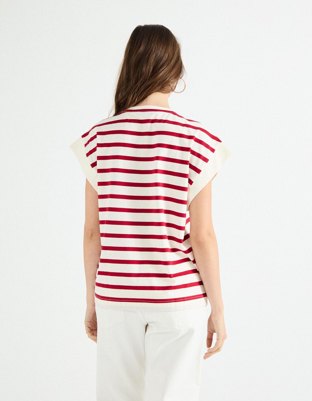 T-shirt com Riscas, Mulher, Vermelho Escuro
