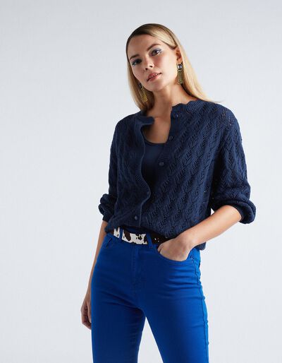 Crochet Knit Cardigan, Women, Dark Blue