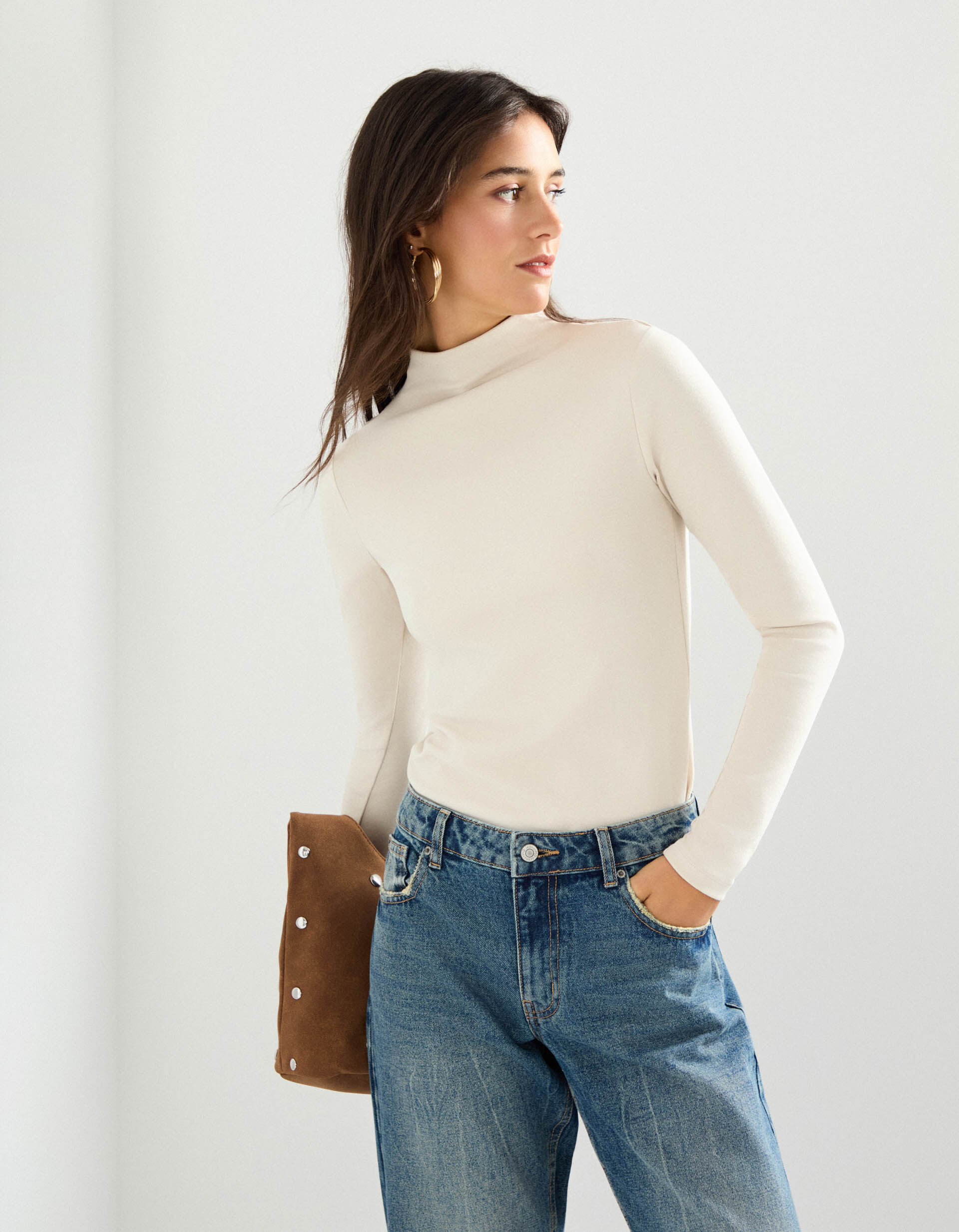 Comprar Online Camisola com Gola Alta, Mulher, Bege Claro