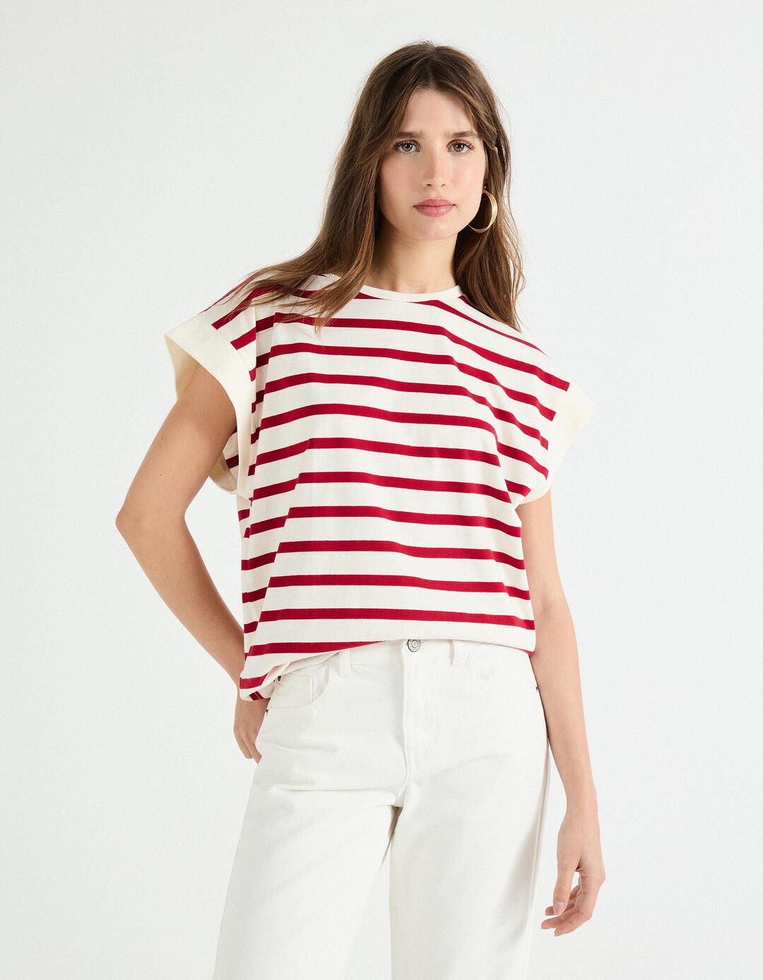 T-shirt com Riscas, Mulher, Vermelho Escuro