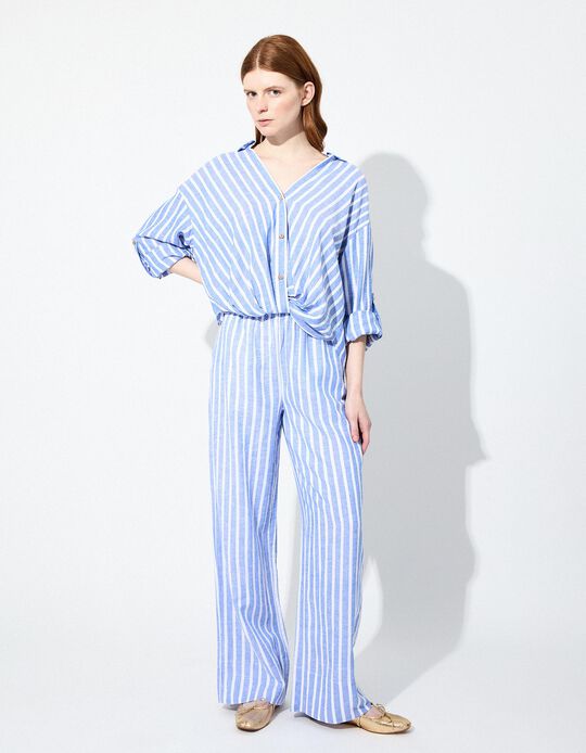 Comprar Online Calças Riscas com Linho, Mulher, Azul