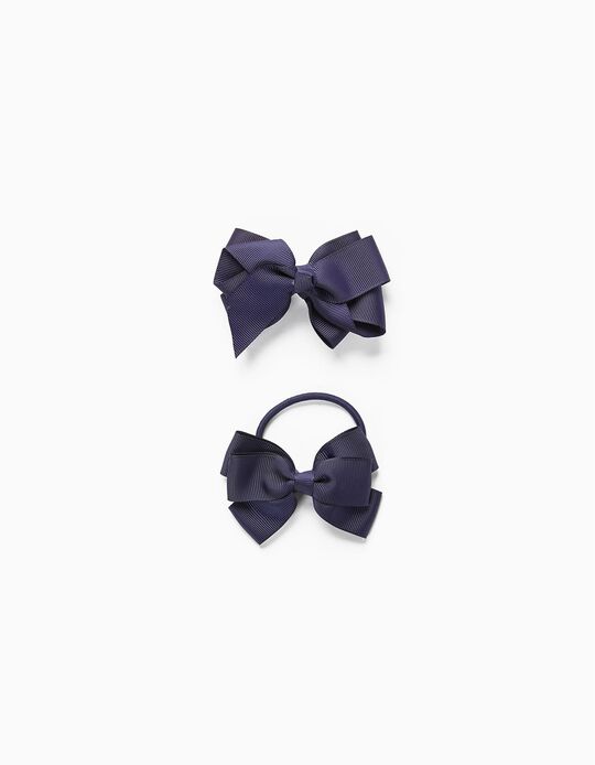 Hair Slide + Bobble with Bow for Babies and Girls, Dark Blue