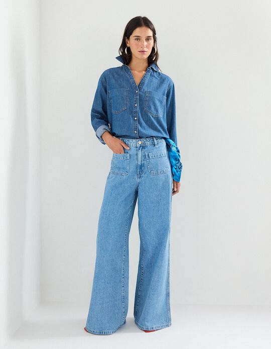 Comprar Online Calças de Ganga Wide Leg, Mulher, Azul