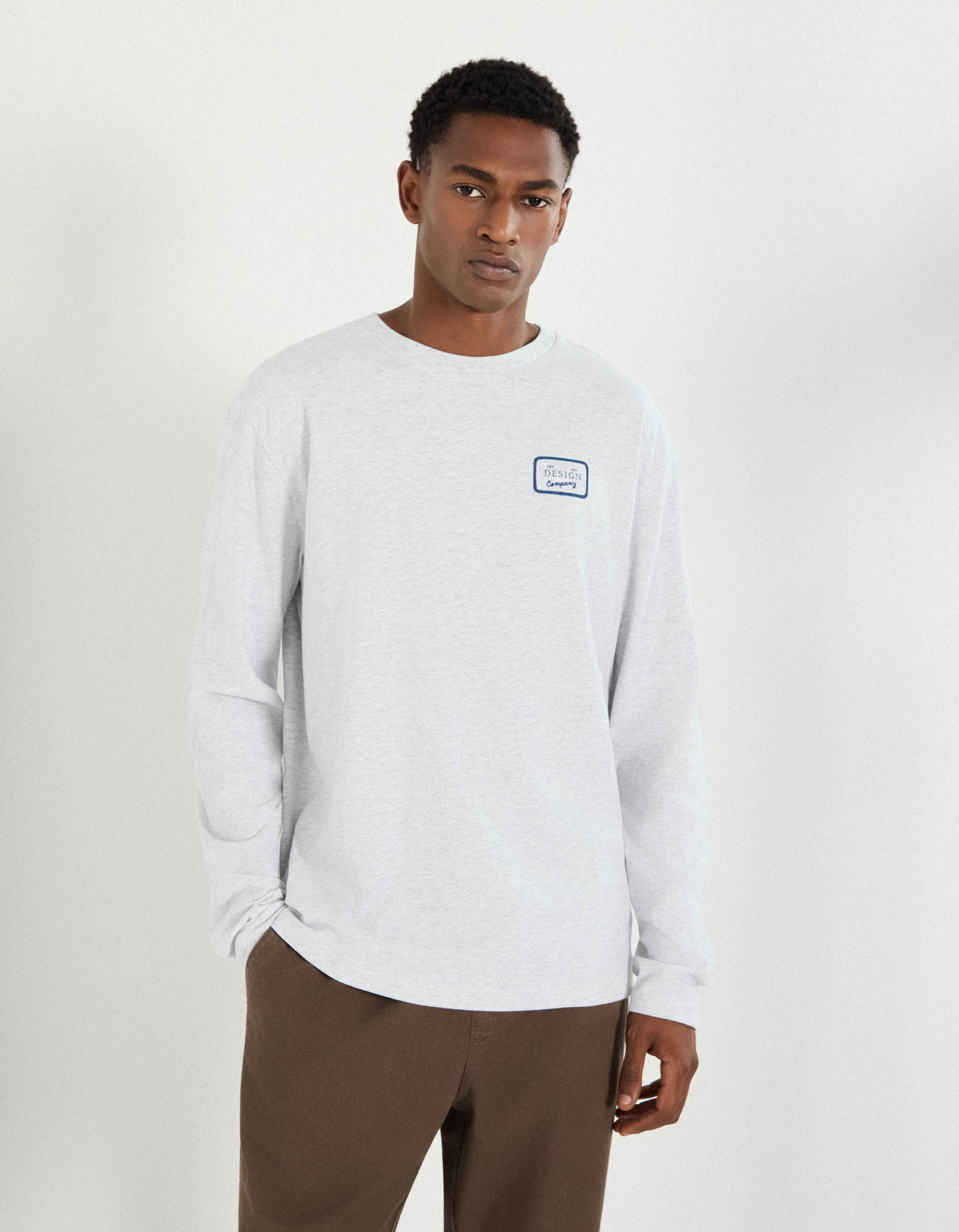 Comprar Online T-shirt de Manga Comprida Estampado, Homem, Cinzento Claro