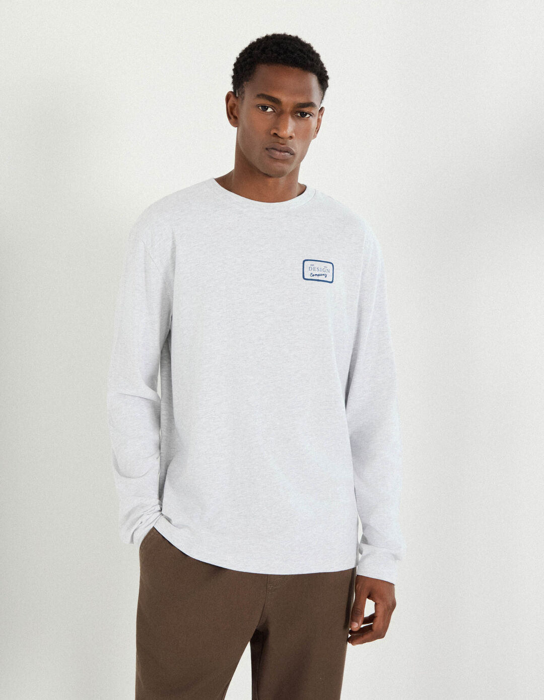 T-shirt de Manga Comprida Estampado, Homem, Cinzento Claro
