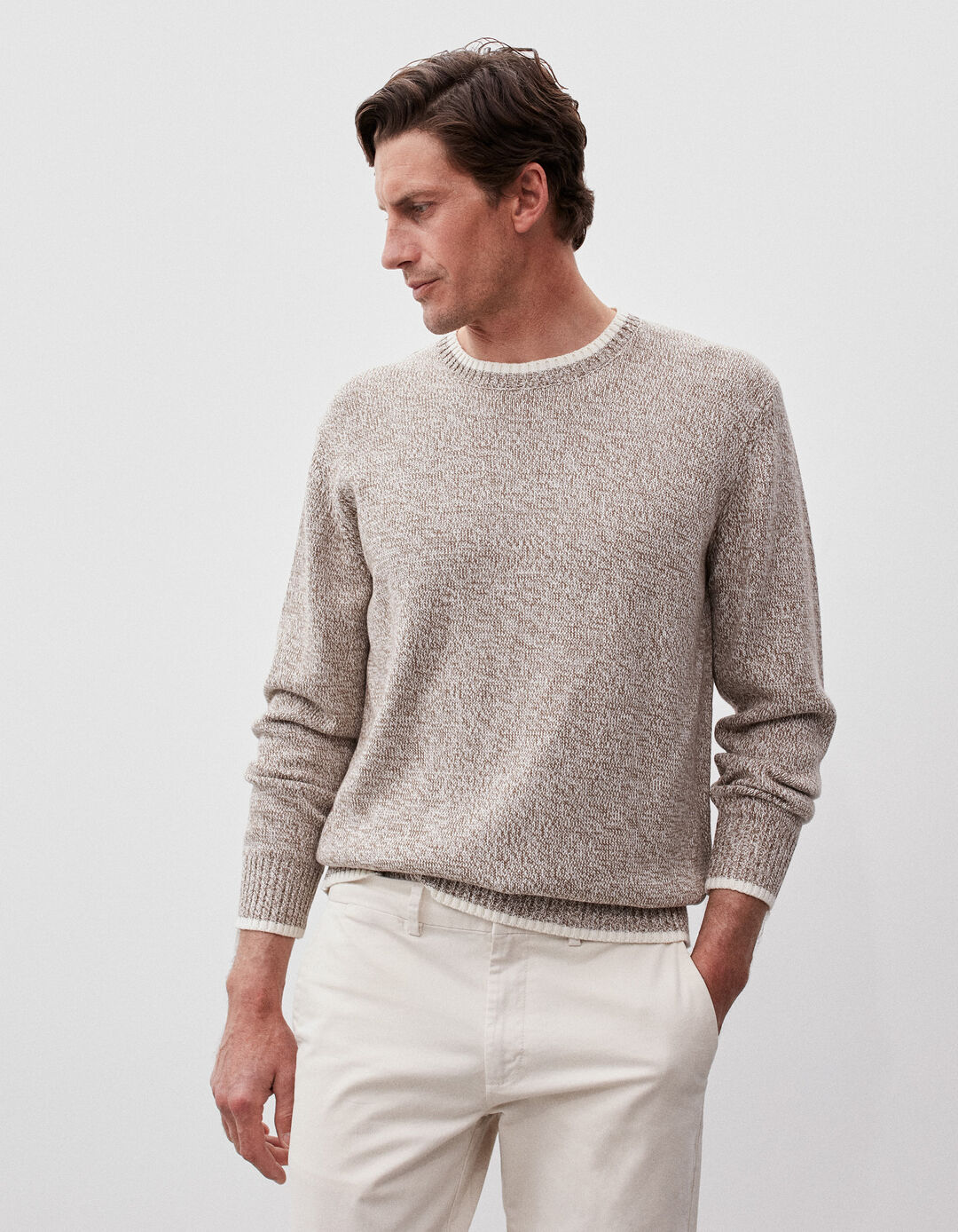 Mixed Knit Sweater, Men, Dark Beige