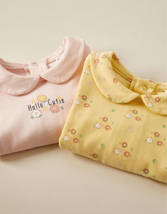 2 Bodysuits for Newborn Baby Girls, Pink/Yellow