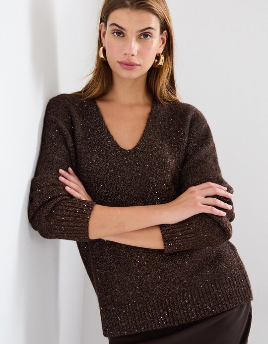 Comprar Online Camisola com Lantejoulas, Mulher, Castanho Escuro 