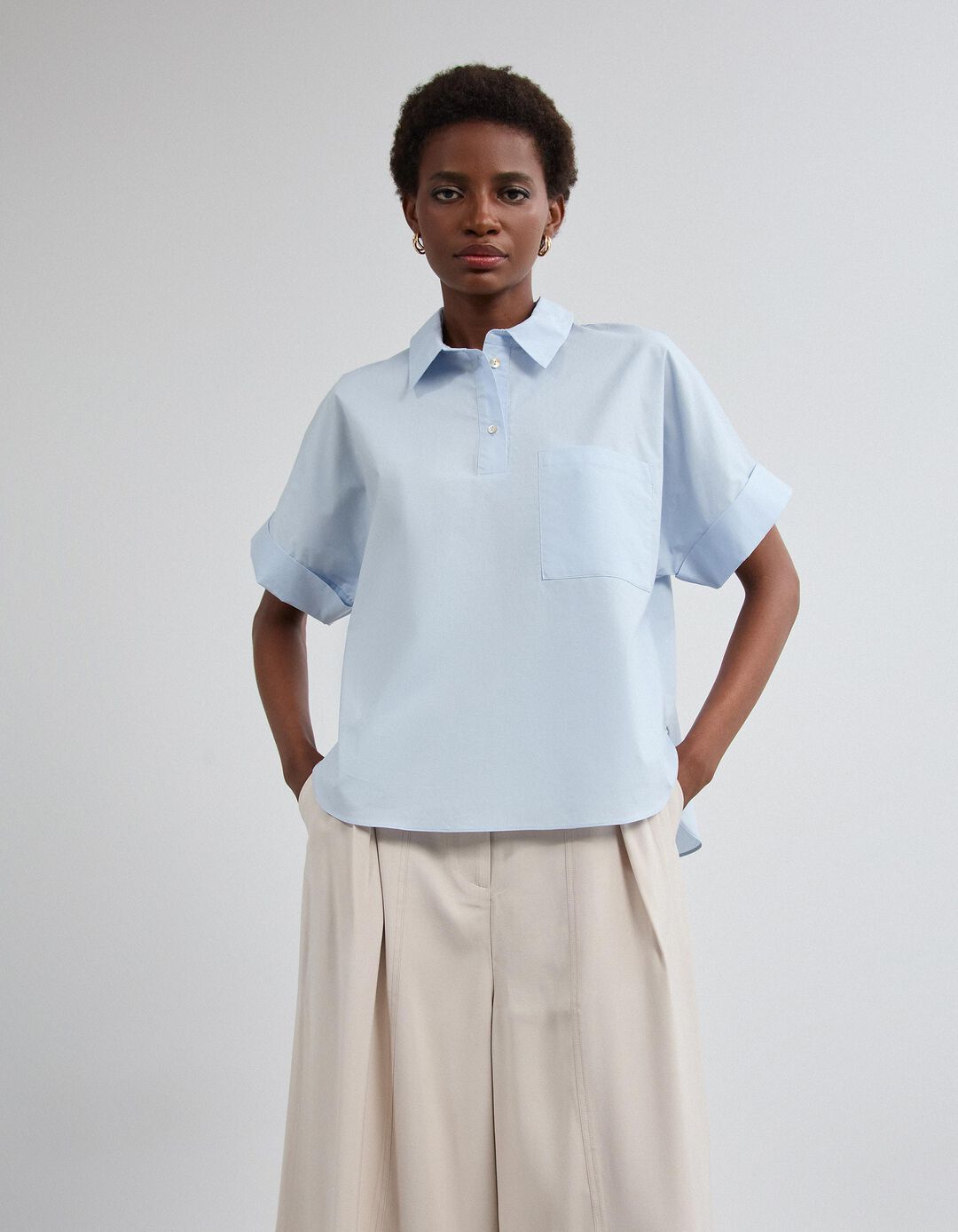 Camisa De Popelina, Mulher, Azul Claro