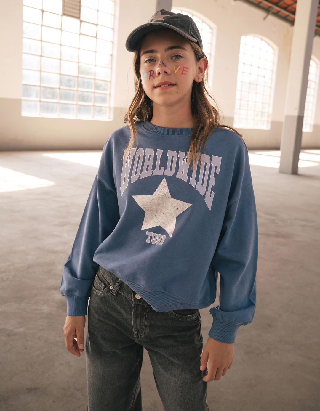 Sweatshirt Com Estampado, Menina, Azul Escuro
