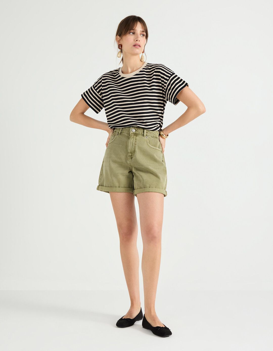 T-shirt de Riscas, Mulher, Bege Claro 