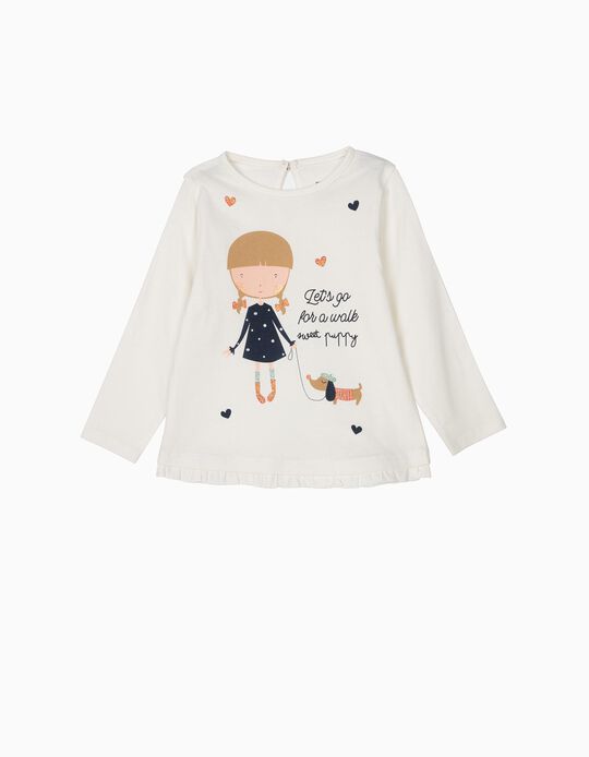 T-shirt Manga Comprida para Beb&eacute; Menina 'Sweet Puppy', Branco