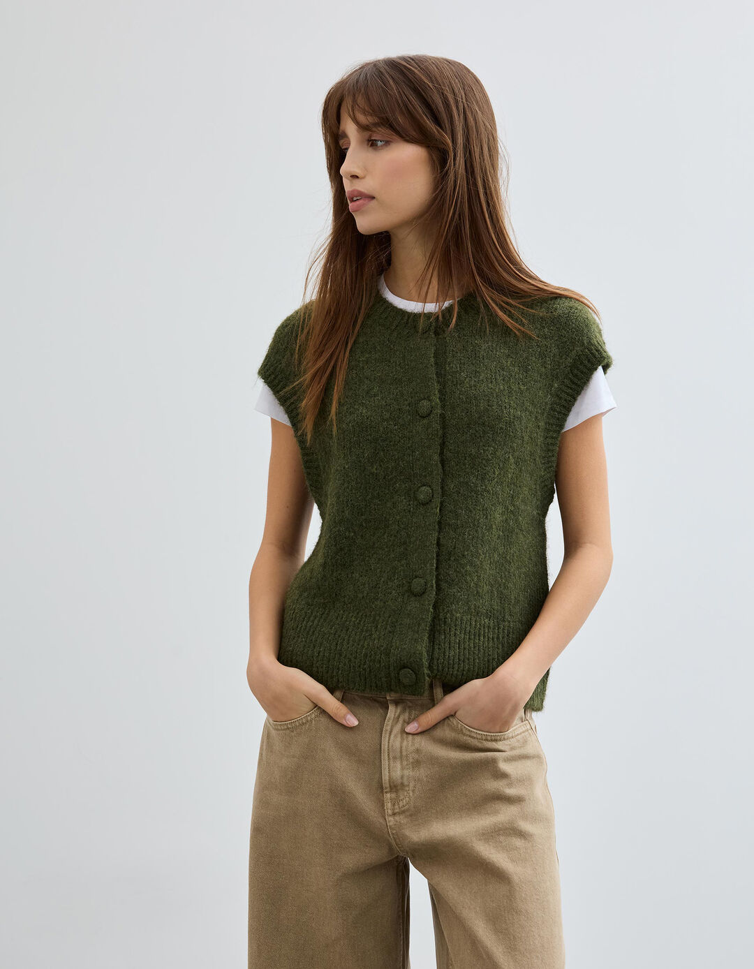 Colete com Lã, Mulher, Verde Escuro