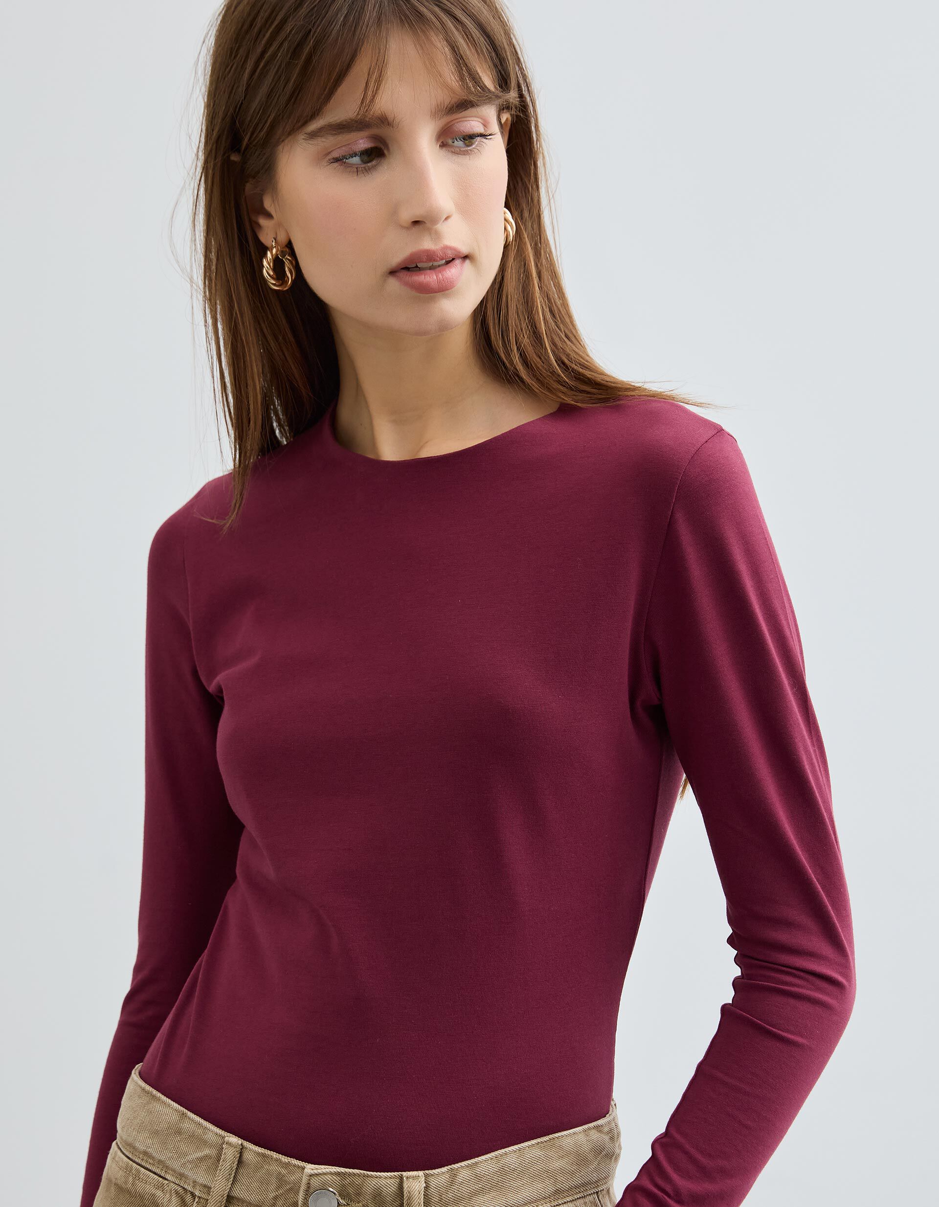 Comprar Online T-shirt de Manga Comprida, Mulher, Vermelho Escuro