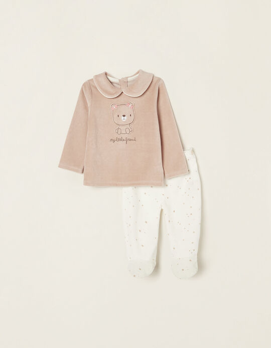 Cotton Velour 2 in 1 Pyjamas for Baby Girls, White/Beige