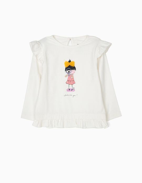 T-shirt de Manga Comprida para Beb&eacute; Menina com Folhos, Branca