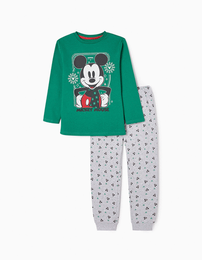 Cotton Pyjamas for Boys 'Mickey', Green/Grey