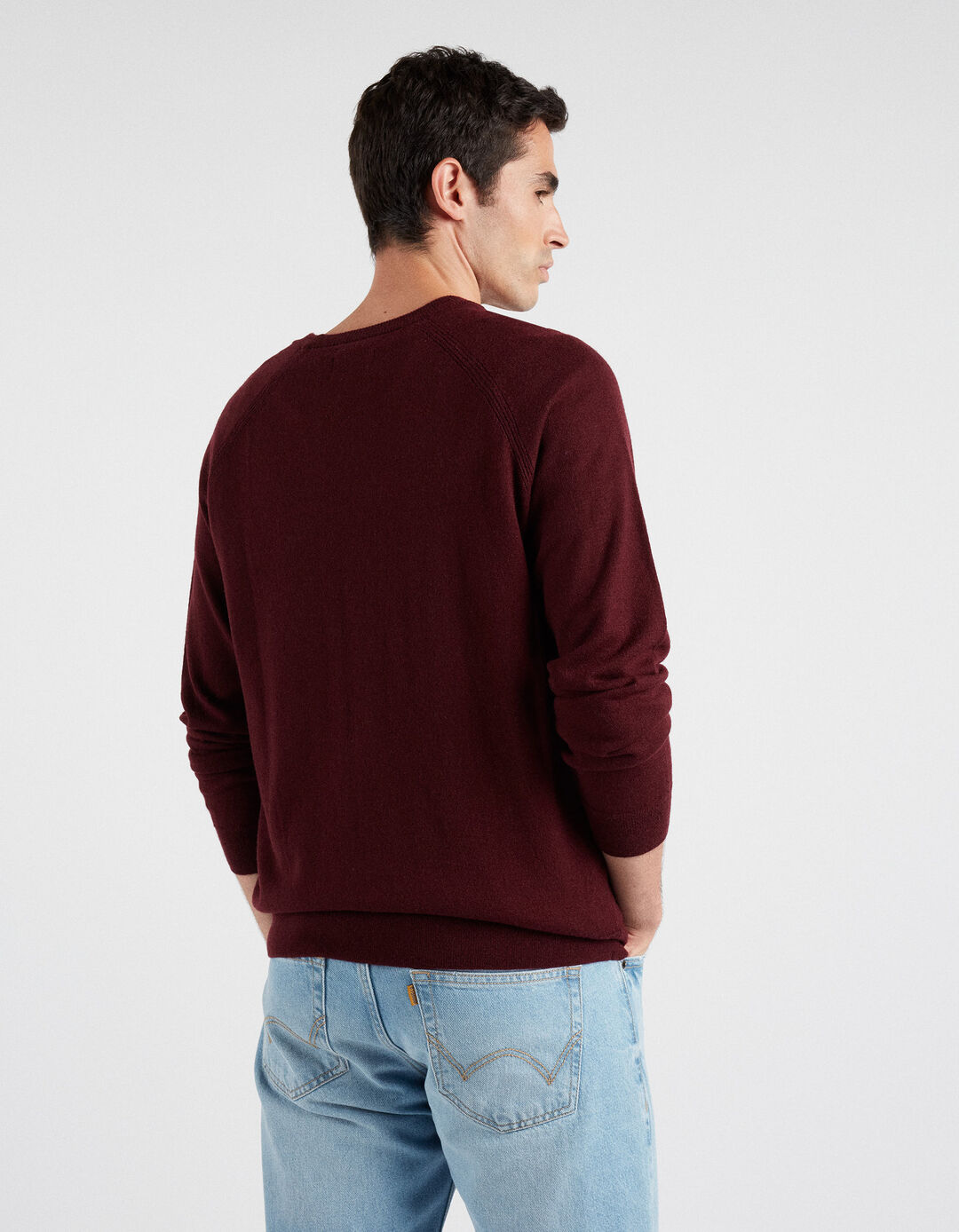 Round Neck Wool and Cashmere Blend Sweater, Men, Dark Red