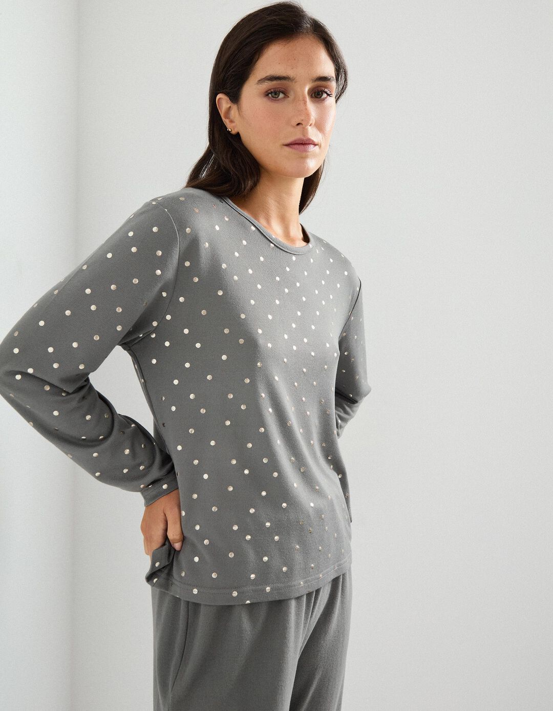 Pijama com Estampado Metalizado, Mulher, Cinzento Escuro
