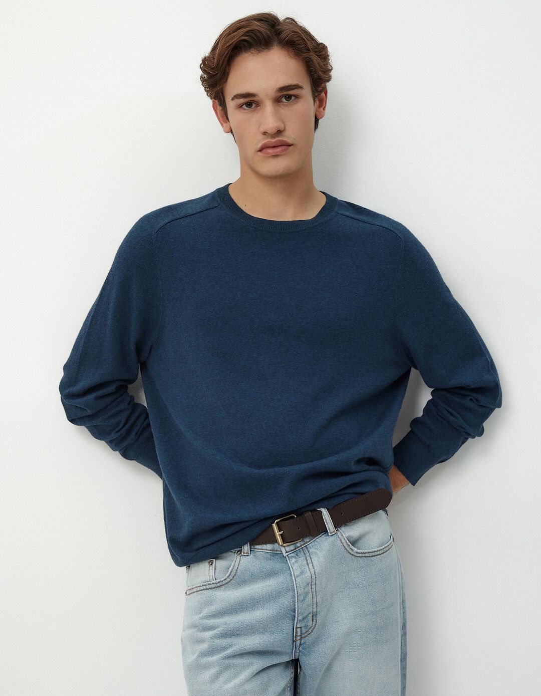 Camisola Mistura de Caxemira Decote Redondo, Homem, Azul Escuro