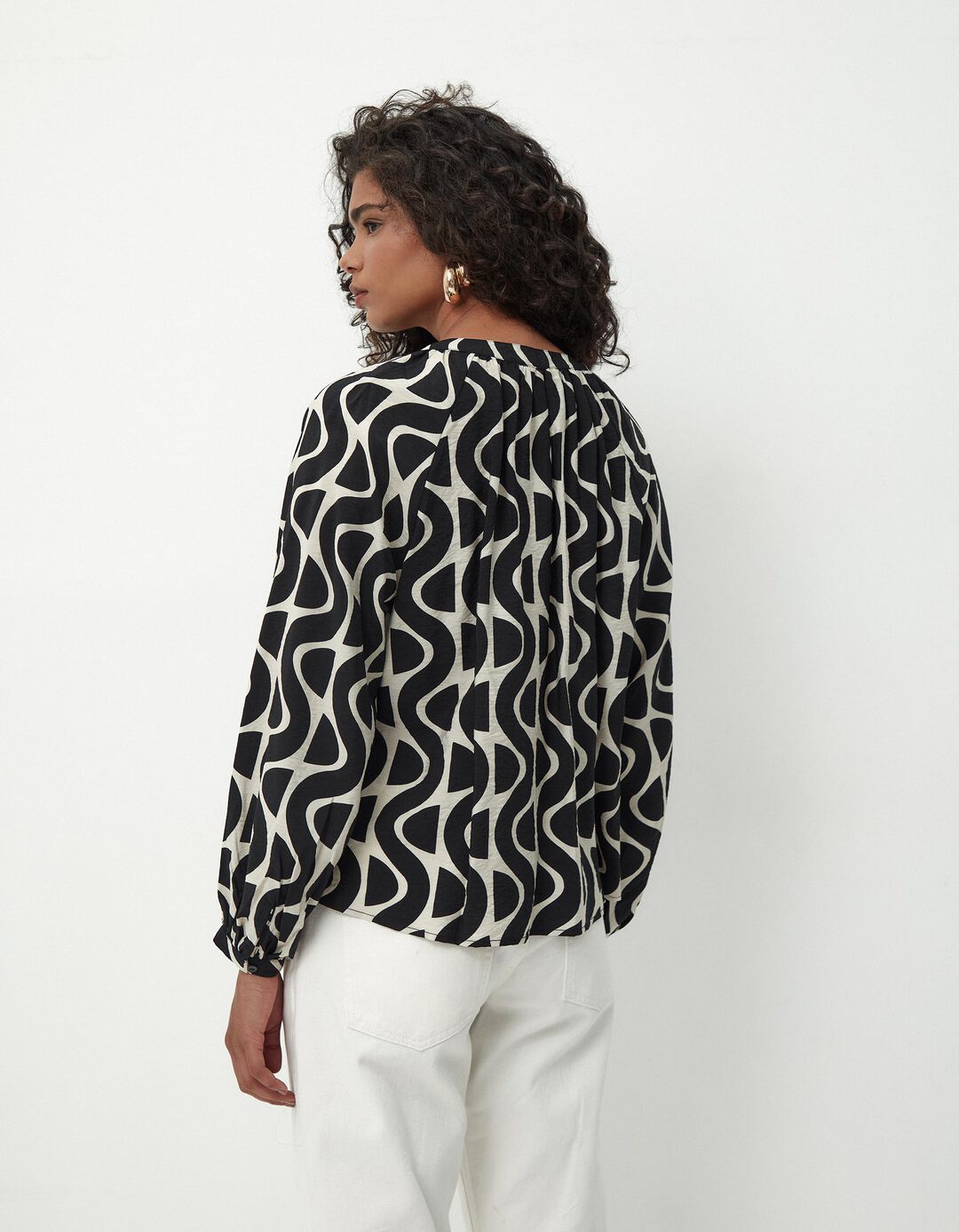 Blusa de Manga Comprida Estampada Botões, Mulher, Preto